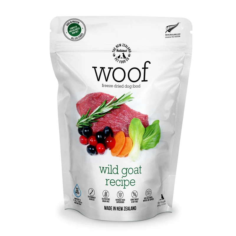 The New Zealand Natural Pet Food Co. WOOF Chèvre Sauvage Lyophilisée — Nourriture pour chiens haute protéine, 9,9 oz