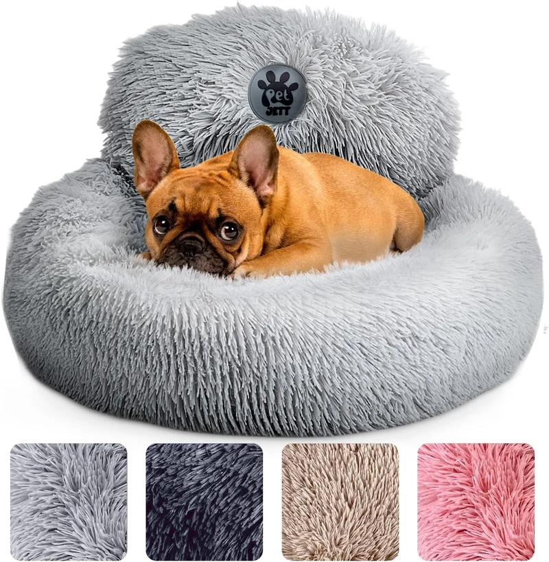 PET JETT Petit lit pour chien rond 23'' | Nid anti-dérapant en peluche, confort anti-anxiété, gris clair