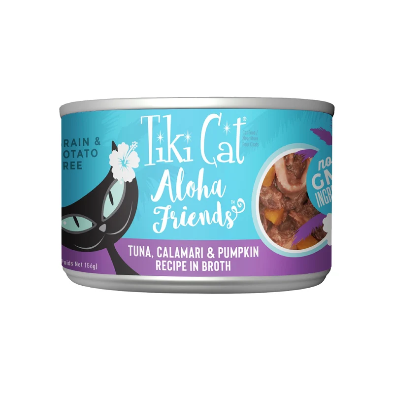 Tiki Cat Aloha Friends Thon-Calmar Potiron – Repas Humide Sans Cereales pour Chats, Tous Ages, Boîtes 156 g (Lot de 8)