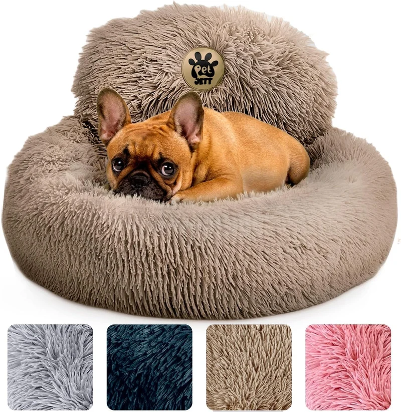 PET JETT – Lit rond anti-stress pour petits chiens (23 pouces) – Anti-dérapant et lavable – Beige