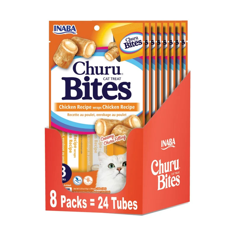 INABA Churu Bites pour Chats — Friandises sans céréales au poulet enveloppé, pack de 8 bouchées