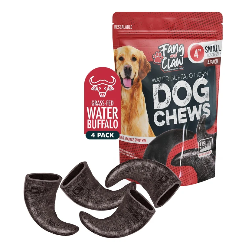 Fang et Griffe – Mâcheur en corne de buffle d'eau, Pack 4 petits (4") – Protéine naturelle, sans hormones ni additifs, élevé en pâturage