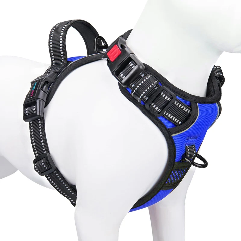 PHOEPET Harnais anti-traction pour chien moyen – clip frontal réfléchissant, poignée, 3 boucles, 2 anneaux – XL bleu royal
