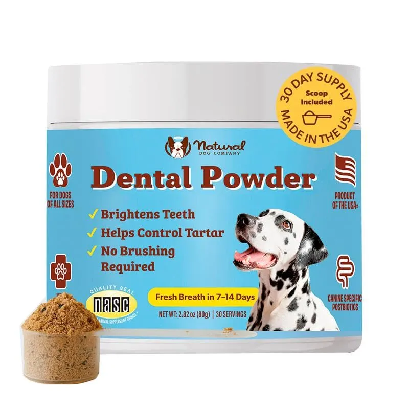 Natural Dog Company Poudre Dentaire pour Chiens – Haleine Fraîche et Réduction Plaque & Tartre, Postbiotique Oral Naturel, Formulé par des Vétérinaires, Fabriqué aux États‑Unis, 30 Jours