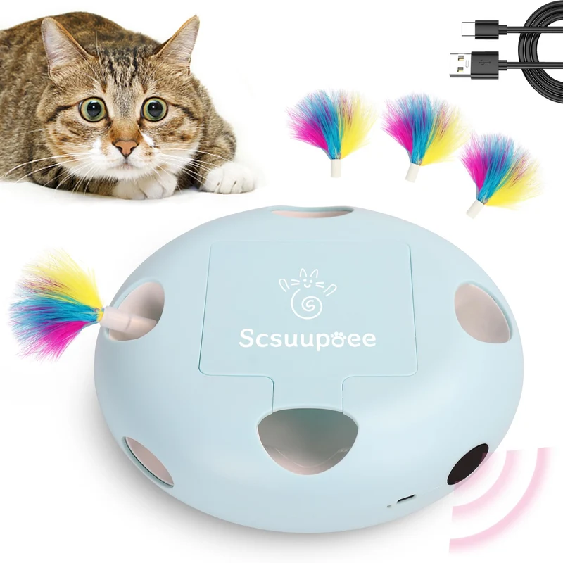 Scsuupoee Jouet pour chat rechargeable et interactif — Capteur intelligent, plume pop, 7 trous, USB Bleu