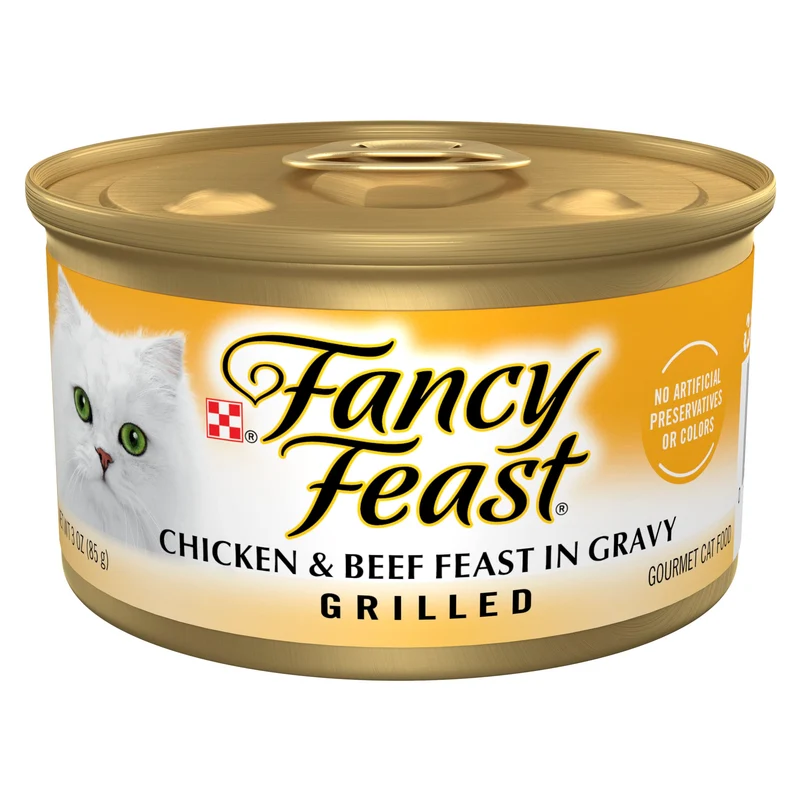 Purina Fancy Feast – Nourriture humide pour chat poulet et boeuf grillés en sauce, lot de 24 boîtes de 85 g