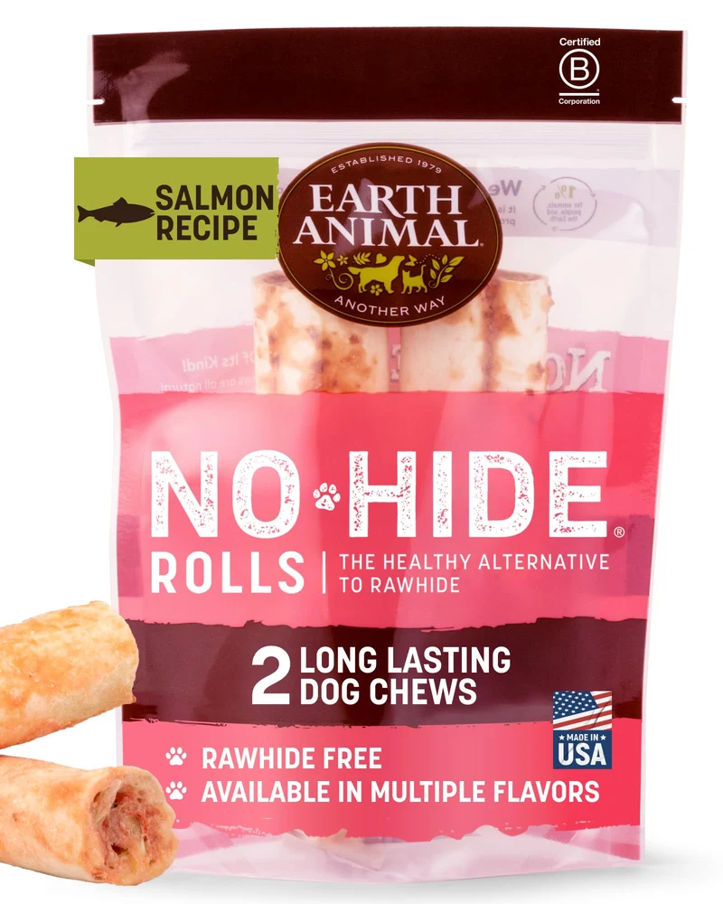 Earth Animal No Hide Chews – Rouleaux sans cuir au saumon pour chien moyen (2 pièces)