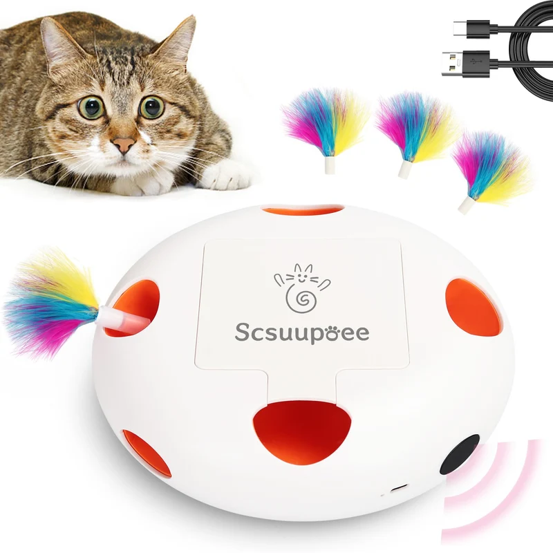 Jouet pour chat Scsuupoee — Interactif rechargeable, capteur intelligent et plume, 7 orifices
