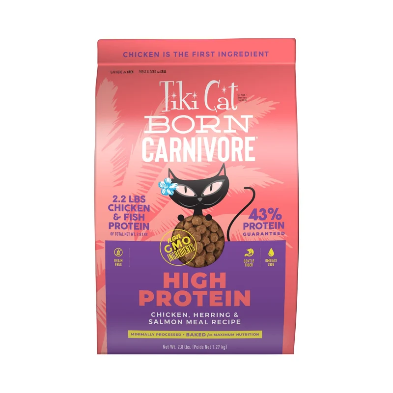 Tiki Cat Born Carnivore – Protéine Élevée, Croquettes pour Chat (Poulet, Hareng & Farine de Saumon), 2,8 lb