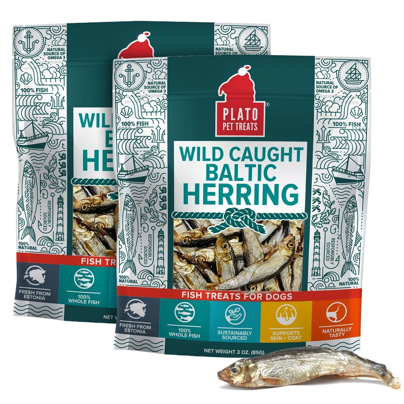 Plato Friandises Poisson – Seche a l Air, Ingredient Unique, Omega 3 et 6, Hareng Baltique Sauvage – 2 sachets de 85 g