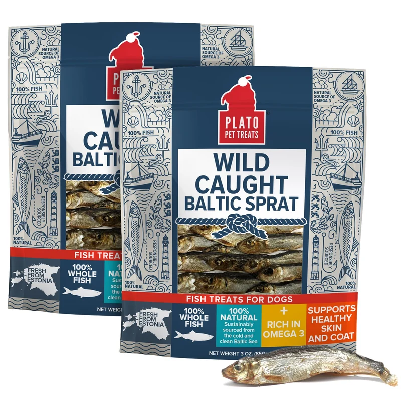 Plato Poisson pour Chiens – Séché à l'Air, Ingrédient Unique – Oméga 3 & 6 – Poisson Entier Sprat Baltique Sauvage – Lot 2x3 oz