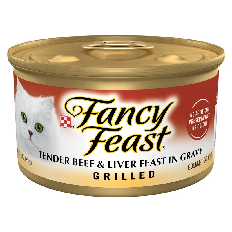 Fancy Feast Grillé – Nourriture humide pour chat boeuf et foie en sauce, pack de 24 boîtes de 3 oz