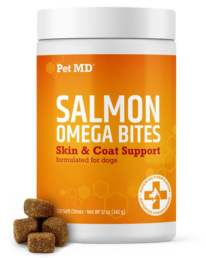 Pet MD Salmon Omega Bites pour chiens – Oméga 3 & 6, DHA & EPA – Soutien peau et pelage – 120 bouchées