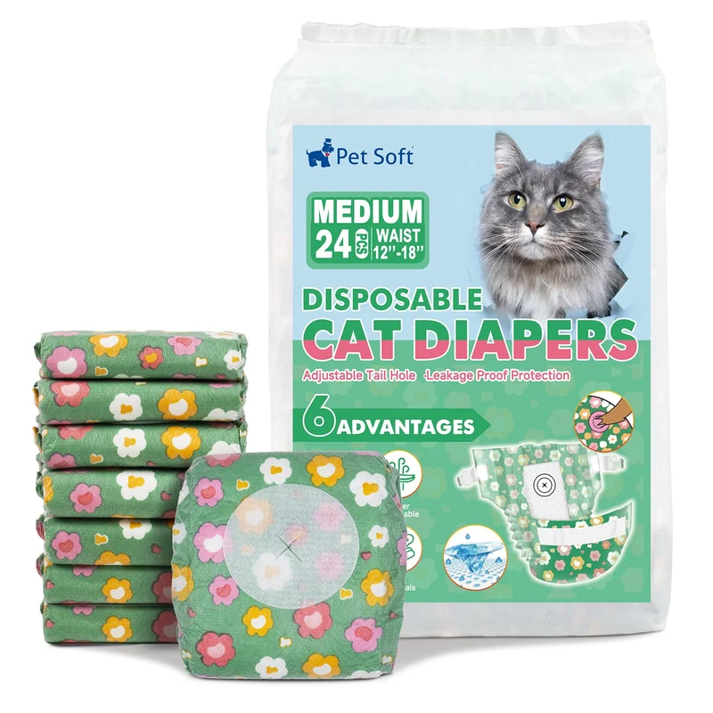 Pet Soft Couches jetables pour chats et chiens – Couches avec ouverture en mousse réglable, taille moyenne (24 pièces, motif fleurs GN)