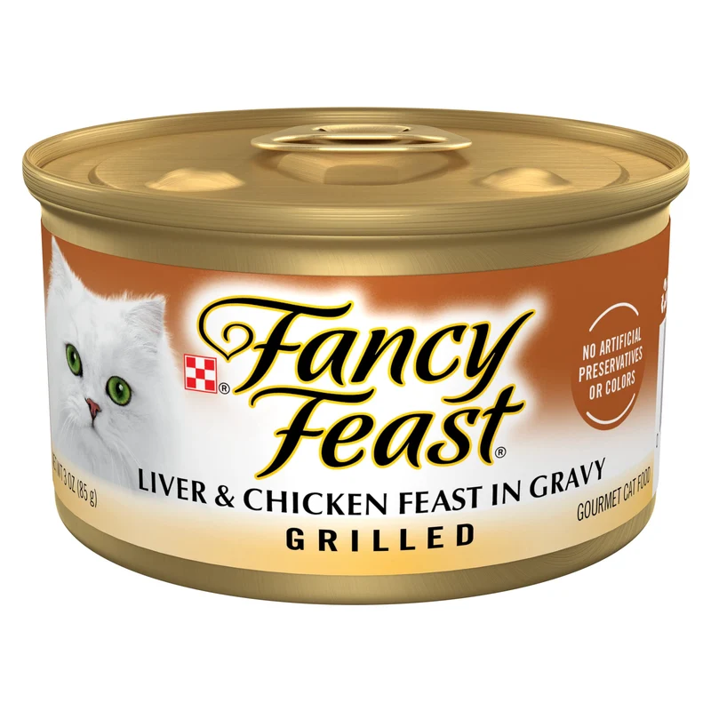 Fancy Feast Grillé – Nourriture humide pour chat foie et poulet en sauce, lot de 24 boîtes 85 g