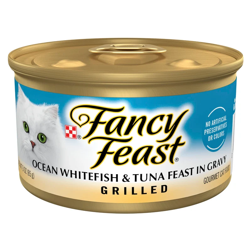 Fancy Feast Grilled – Nourriture humide pour chat au poisson blanc et thon en sauce, pack 24 × 3 oz