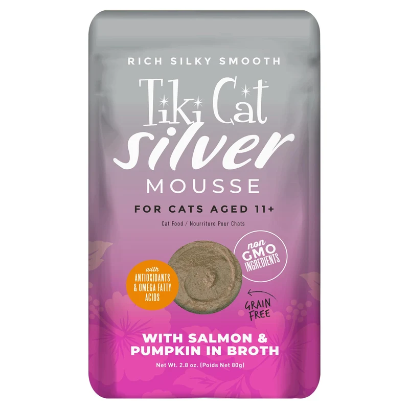 Tiki Cat Silver Mousse – Saumon & Citrouille en Bouillon, Texture Soyeuse pour Chats Seniors 11+, Sachet de 2,9 oz (12 unités)