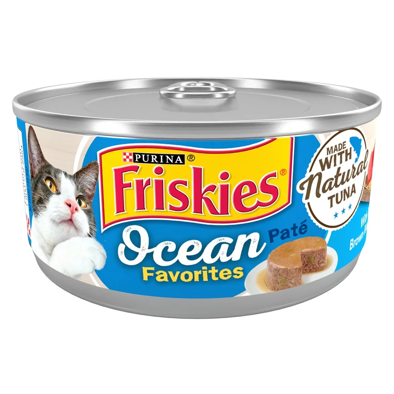 Purina Friskies Ocean Favorites Pâté humide pour chat – Thon naturel, riz brun et pois, Lot de 24 boîtes de 156 g