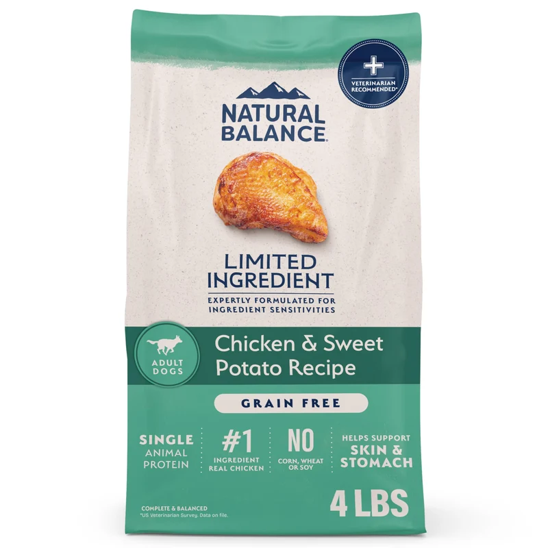 Natural Balance Alimentation sèche pour chien adulte, ingrédients limités, sans céréales – Poulet & Patate Douce, sac de 4 livres