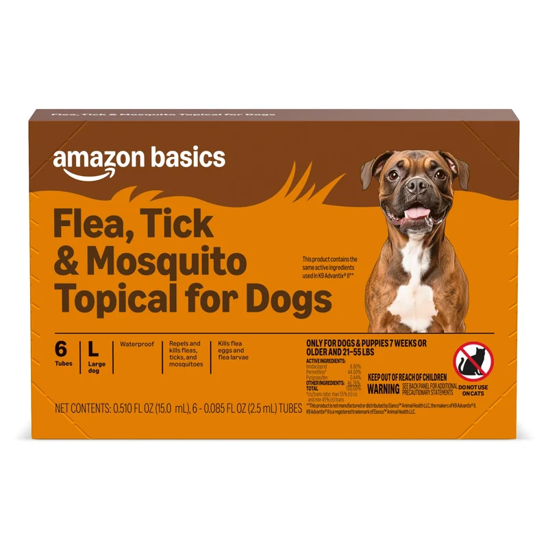 Amazon Basics Traitement Topique Préventif Puces, Tiques et Moustiques – Grands Chiens (21-55 lb) – 6 Doses