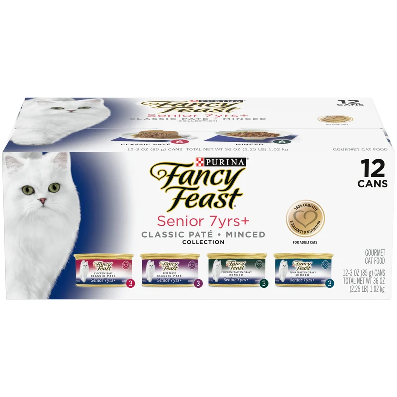 Purina Fancy Feast Senior 7+ – Nourriture humide pour chat haute protéine – Ensemble varié (2x12 boîtes de 3 oz)