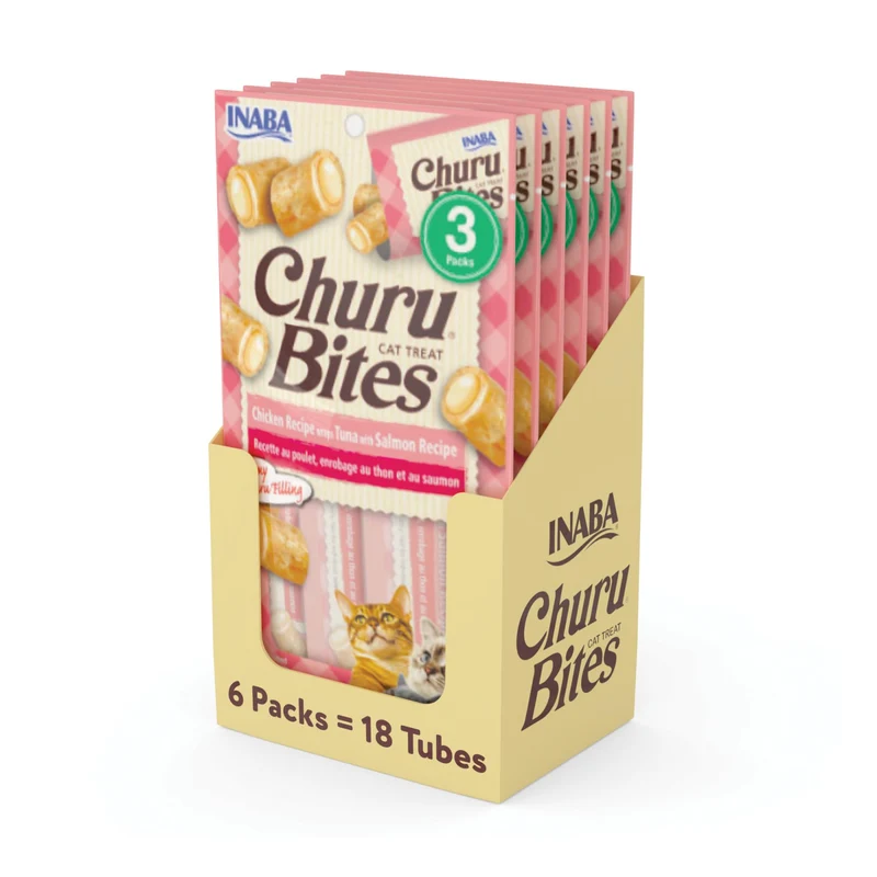 INABA Churu Bites pour Chats – Friandises moelleuses au poulet et Churu, environ 9,9 g par tube, 18 tubes au total (3 tubes par paquet) – Recette Thon et Saumon