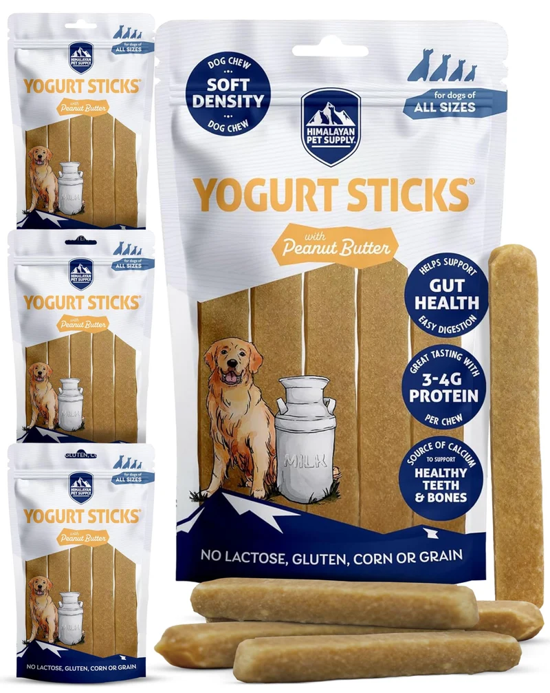 Himalayan Dog Chew – Bâtonnets Yaourt et Beurre de Cacahuète, Prébiotiques & Probiotiques, Protéines, Digestif, Sans lactose ni gluten, Fabriqué aux États‑Unis – Lot de 4