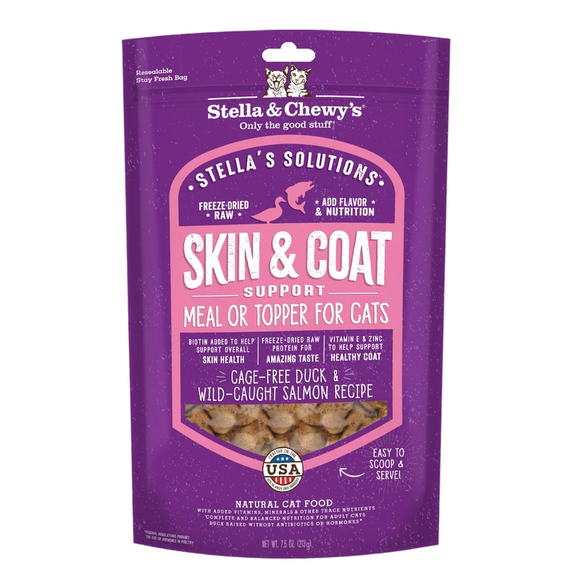 Stella & Chewy's Stella's Solutions Soin Peau et Pelage – Canard élevé sans cage & Saumon sauvage, Morceaux crus lyophilisés pour chat, 7,5 oz