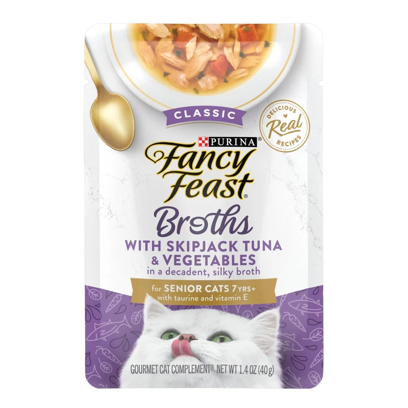 Fancy Feast Senior Broths – Thon et Legumes en Bouillon Satiné pour Chats Seniors (Pack 16, 1,4 oz)