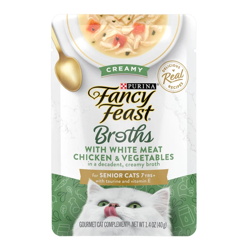 Fancy Feast Broths Crème Senior – Toppers pour Chat, Poulet et Légumes, 16 Sachets de 40 g