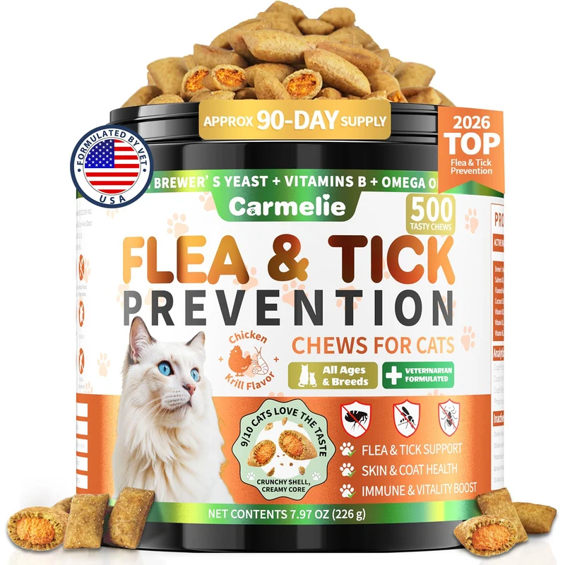 Friandises Carmelie pour chats — Prévention naturelle puces et tiques, 500 bouchées croquantes & crémeuses