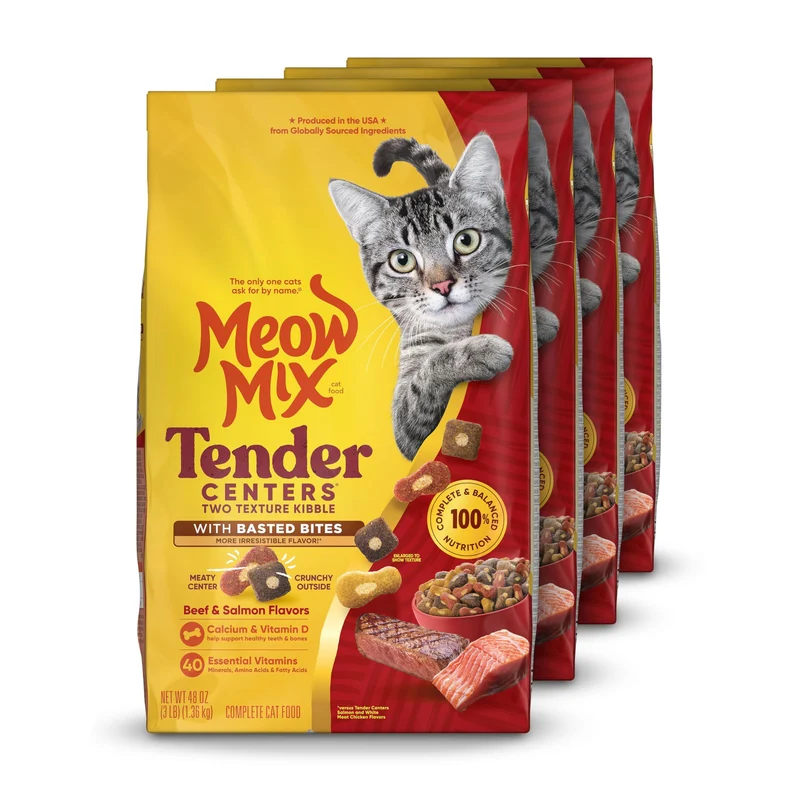 Meow Mix Tender Centers Croquettes Sèches – Basted Bites, Saveurs Boeuf & Saumon, Sac de 3 Livres (Boîte de 4)