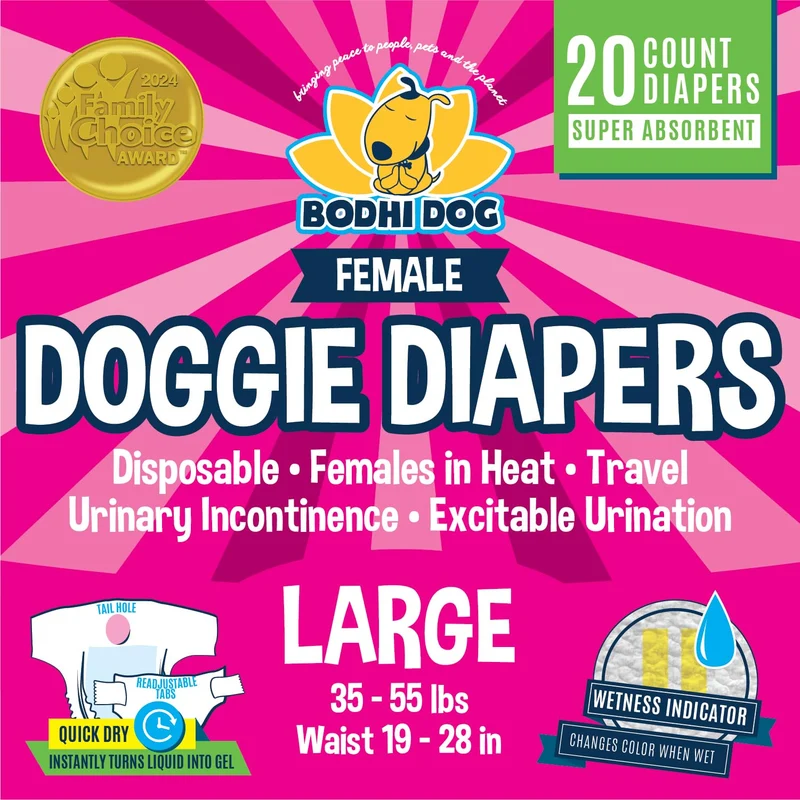 Couches jetables Bodhi Dog pour chiennes femelles — Absorption élevée, ajustement large (Grande, 20 unités)