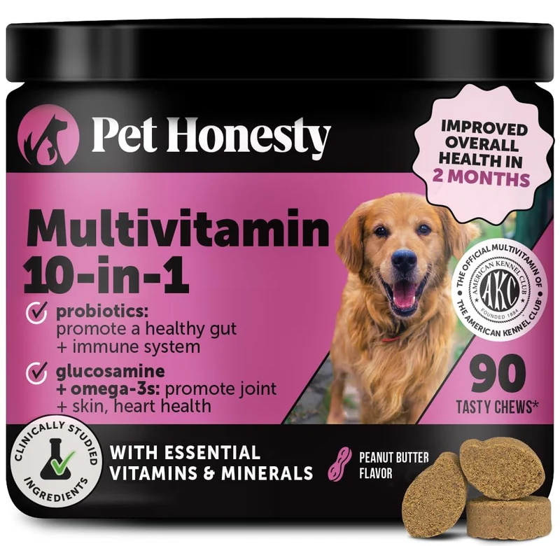 Pet Honesty – Friandises multivitaminées 10-en-1 pour chien avec probiotiques et oméga-3 (goût beurre d'arachide, 90 bouchées)