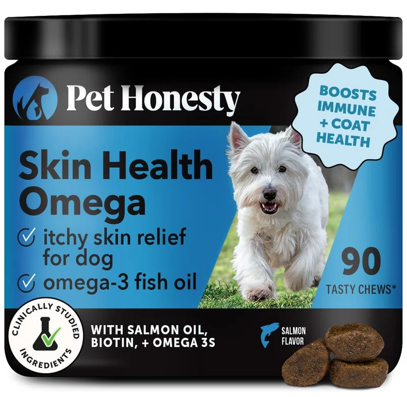 Pet Honesty Oméga Skin Health Chews pour Chiens — Peau et Poil Sains, Saumon d'Alaska, Oméga-3, 90 bouchées