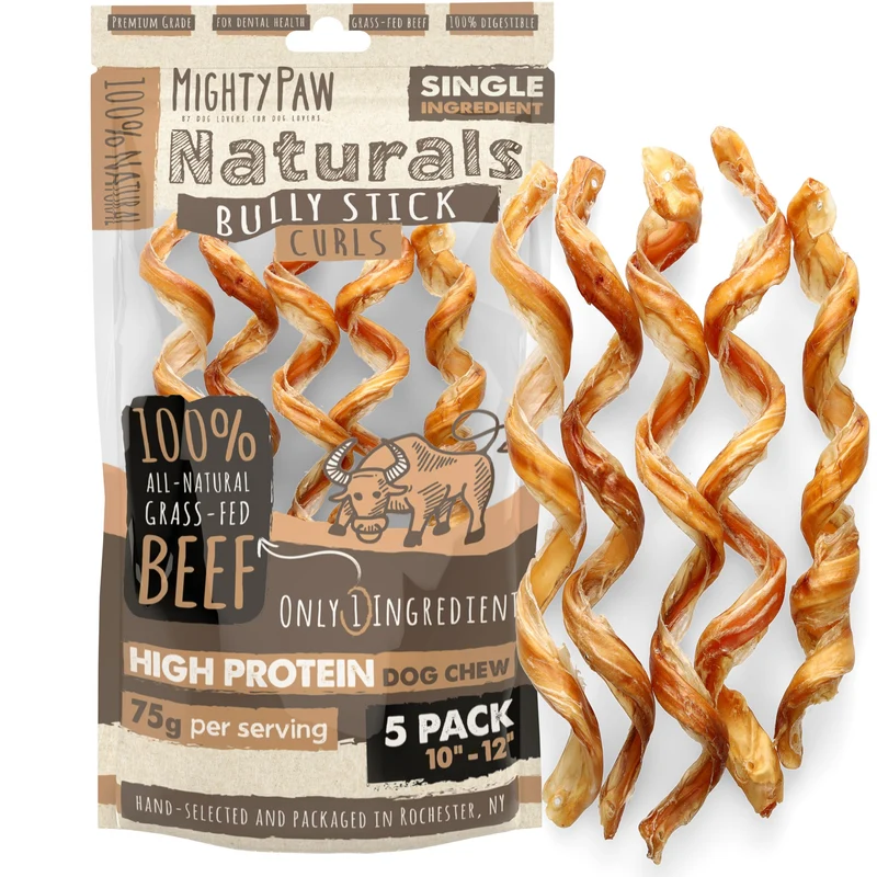Mighty Paw Naturals Curly Bully Sticks – Boeuf élevé en pâturage, 12 pouces, Lot de 5