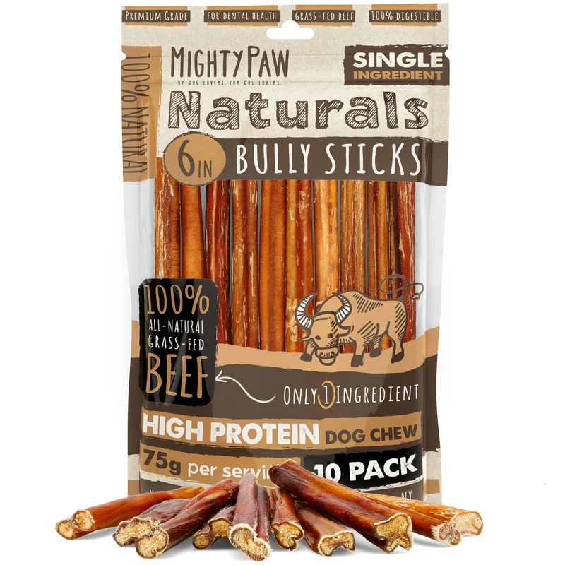 Mighty Paw Naturals Bully Sticks pour Chiens — Bœuf nourri à l’herbe, Odeur réduite, Ingrédient unique, 6 pouces, Lot de 10
