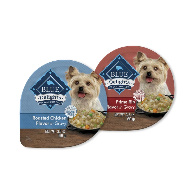 Blue Buffalo Delights – Pâtées Humides pour Chiens Adultes de Petite Race, Sauce au Poulet et Prime Rib, Lot de 12 Tasses 3,5 oz