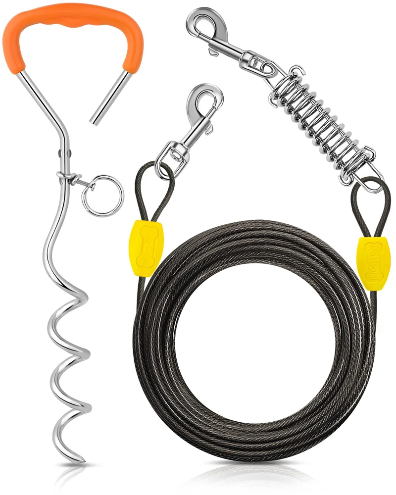 Petbobi Câble d’attache 30 pieds et piquet 16 po – sans enchevêtrement, pour chiens jusqu’à 120 lb