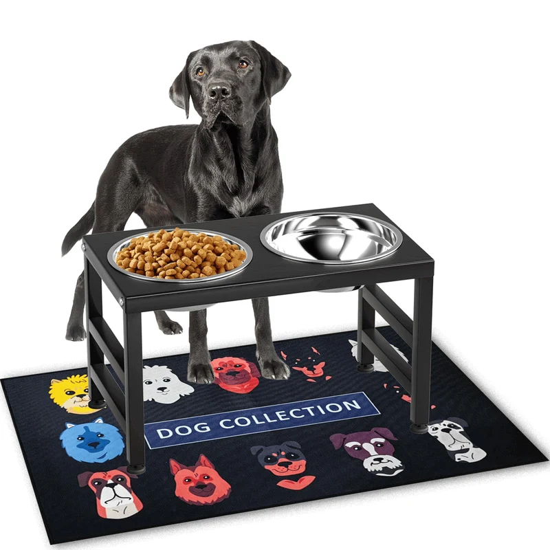 ADENGL Gamelle surélevée pour chien – Support métal 10 po, 2 bols inox 42 oz et tapis antidérapant 16x24 (Noir)