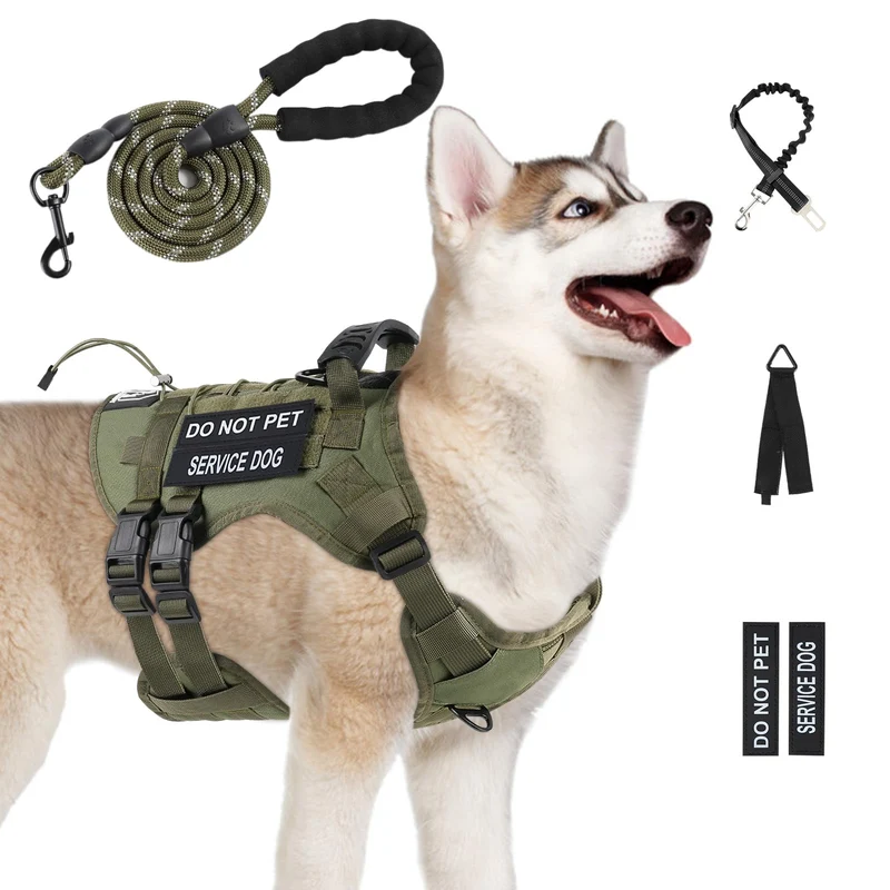 Yungaspy Harnais Tactique Anti-Pull pour Gros Chien – Molle, Poignée et Laisse (Vert, M)