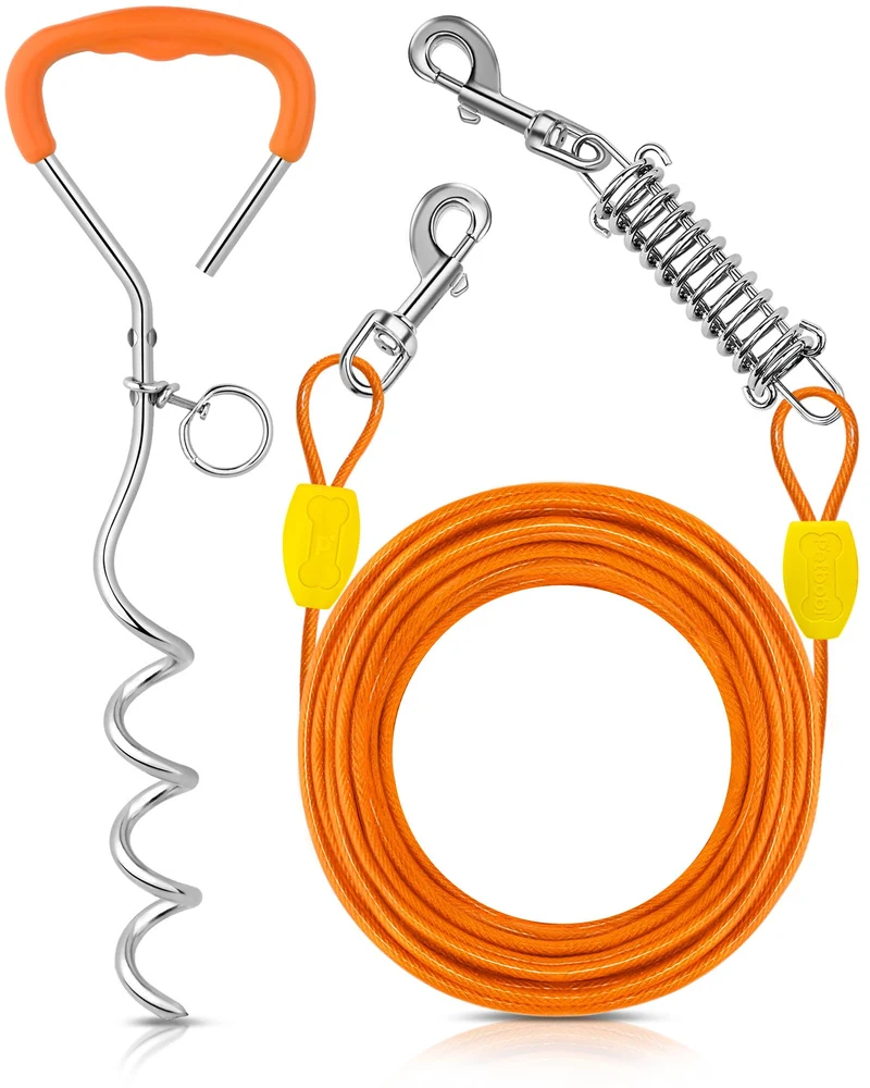 Petbobi Câble d'attache pour Chien – 40 pieds, Pieu de 16 po, Absorbe-Chocs, Sans Enchevêtrement, Orange
