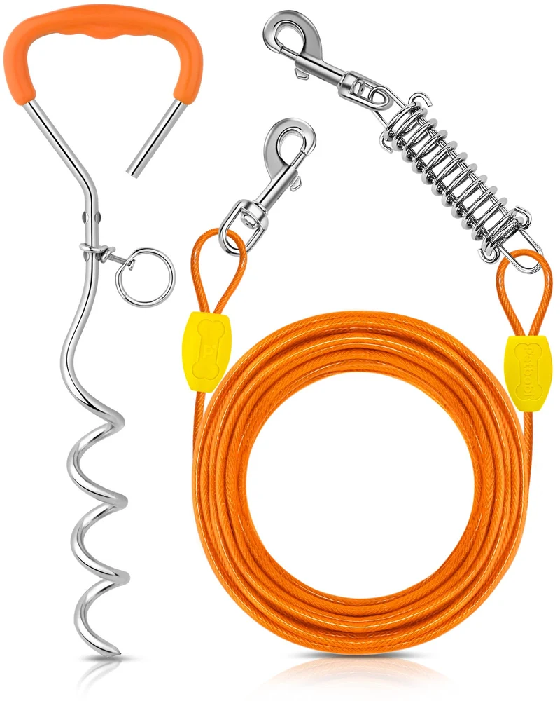 Petbobi Câble et Piquet de Retenue pour Chien – 30 ft, Sans Enchevêtrement, Piquet 16 po, Orange
