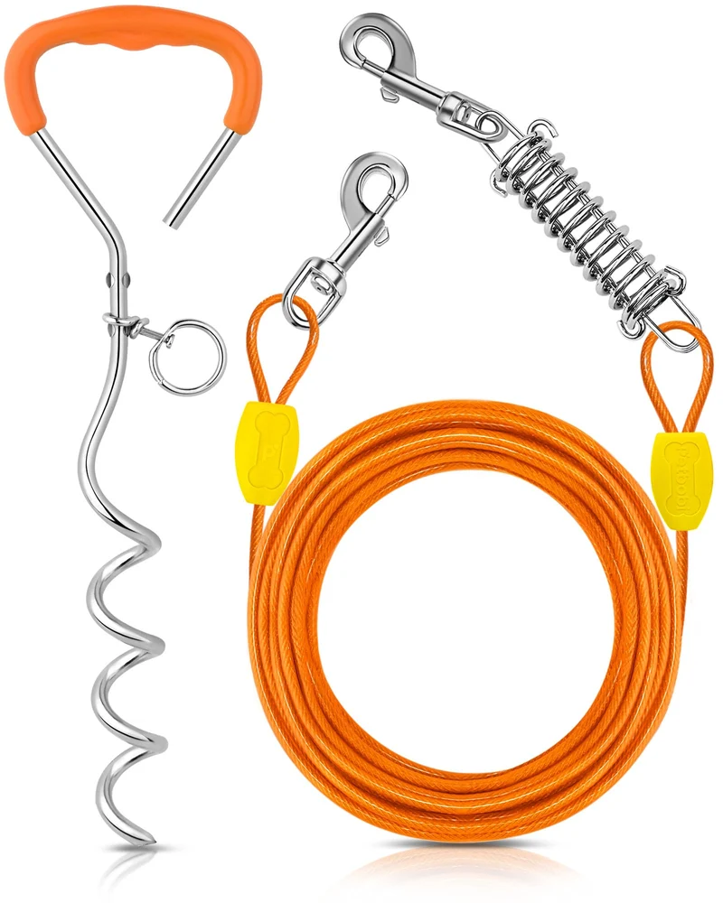Petbobi Câble d'attache pour chien 20 pieds et piquet 16 pouces – Sans enchevêtrement, résistant, orange