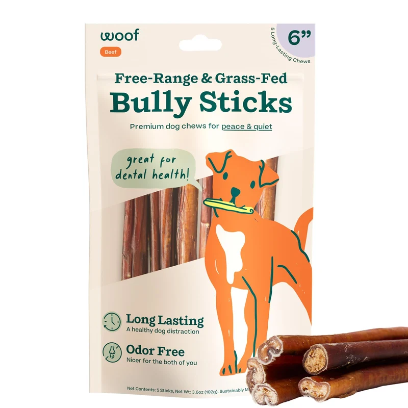 WOOF Bâtonnets Bully pour Chiens – Friandises à mâcher longue durée, Bœuf élevé en plein air, 6 pouces, 5 pièces