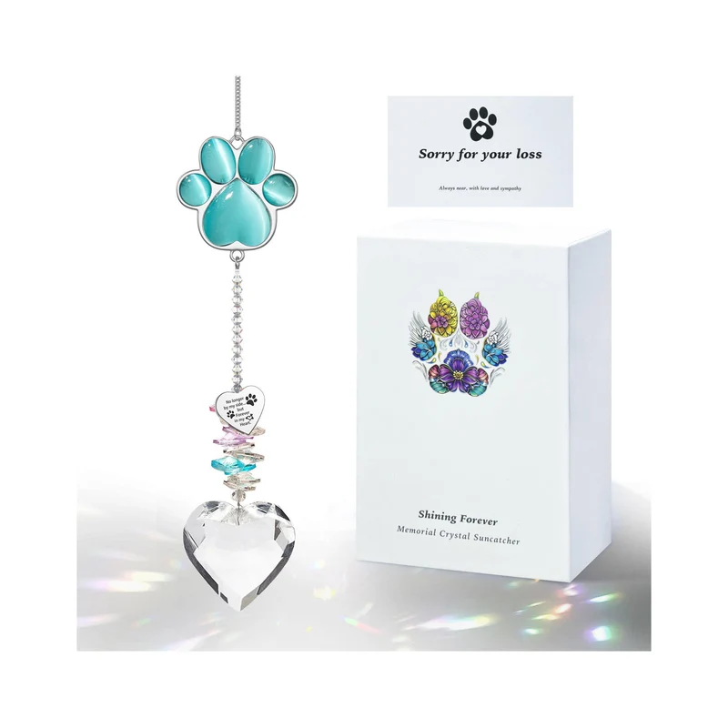 AMETHUARTZ Suncatcher Mémorial pour Animaux – Pattes en Cristal Arc‑en‑Ciel Bleu Paon