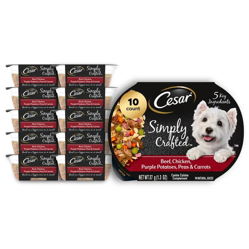 Cesar Simply Crafted Topper pour Chiens Adultes – Boeuf, Poulet et Légumes, 10 pots de 37 g (1,3 oz)