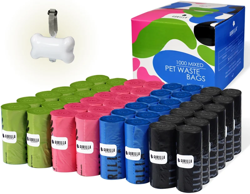 GORILLA SUPPLY - 1000 Sacs Poubelle Multicolores pour Chiens avec Distributeur et Attache-Laisse – 9 x 13 pouces