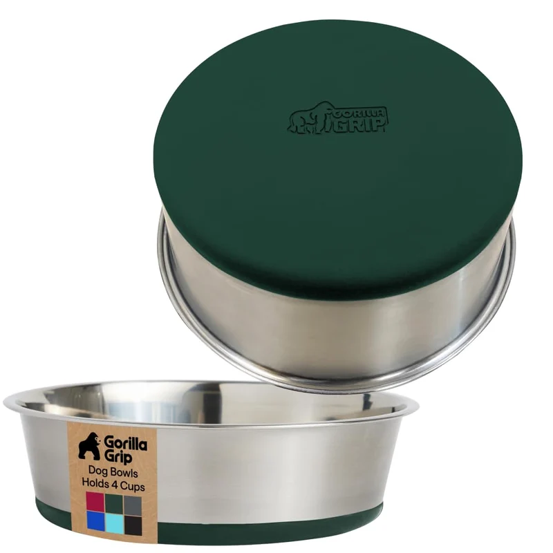 Gorilla Grip Bols pour Animaux — Acier Inox 304, Ensemble de 2, Vert, Sans BPA, Anti-Dérapant