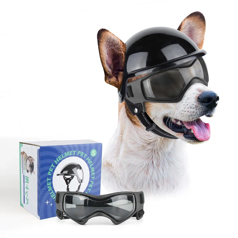 PETLESO Lunettes et Casque pour Chien – Ensemble 2 pièces Noir pour Petites et Moyennes Races